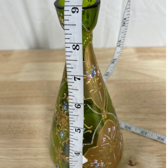 Vintage Signed Moser Art Glass Long Neck Vase Green Gold Gilt Good Condition - Picture 8 of 11